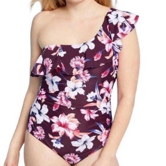 2/$30 Kona Sol one piece floral ruffle swimsuit with side ruching SZ 16W plus - Picture 1 of 14